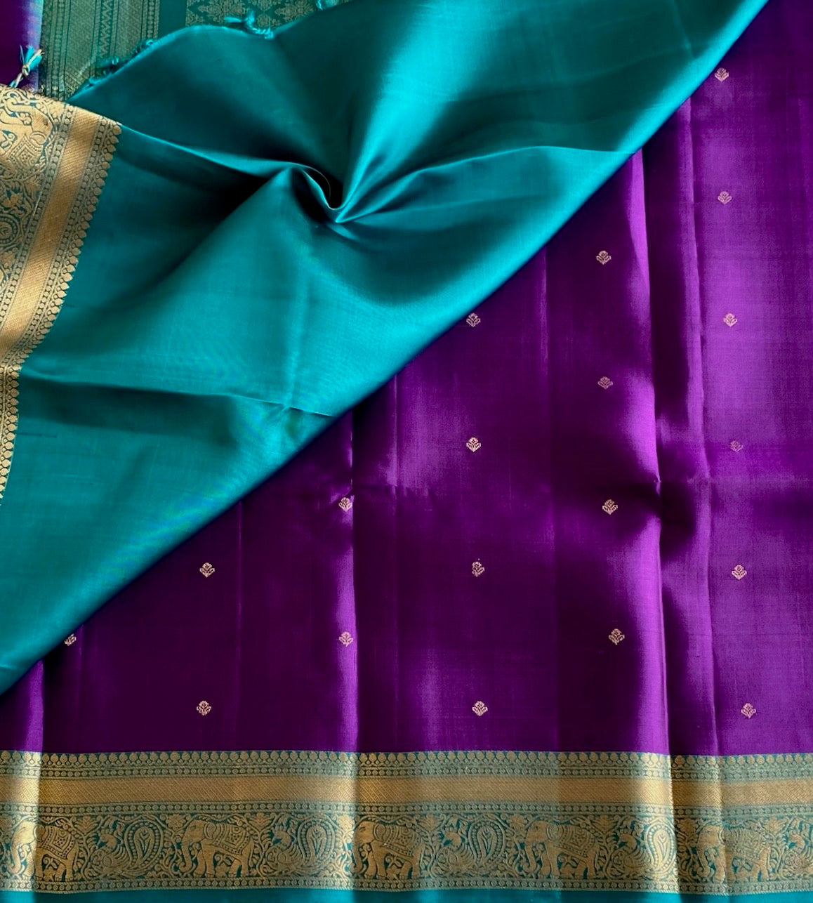 Royal Purple Designer Pure Silk Saree With Teal Blue Pallu