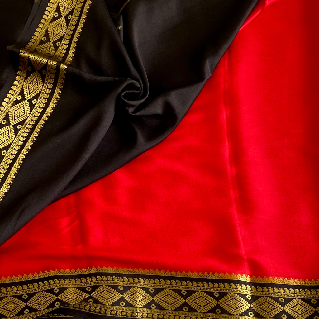 Scarlet Red Mysore Crepe Silk Saree With Jet Black Gold Border