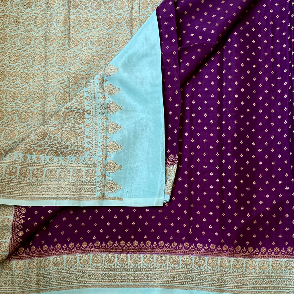 Turquoise Gold Banarasi Silk Saree with Purple Contrast Blouse Piece