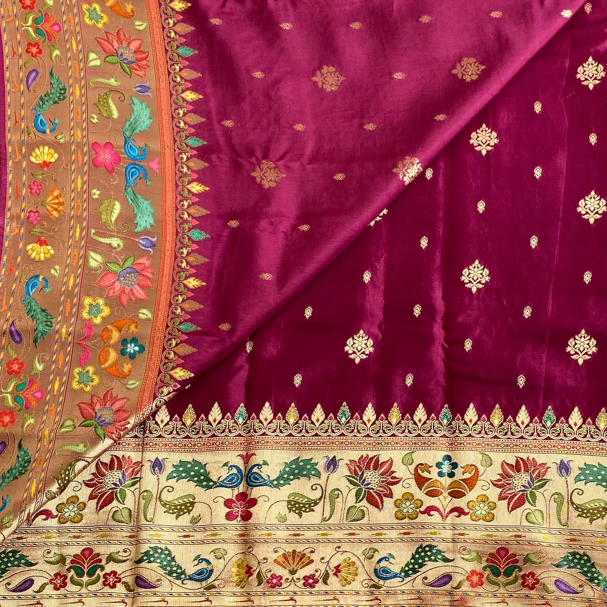 Deep Wine Magenta Meenakari Soft Tussar Silk Saree With Champagne Beige Pallu