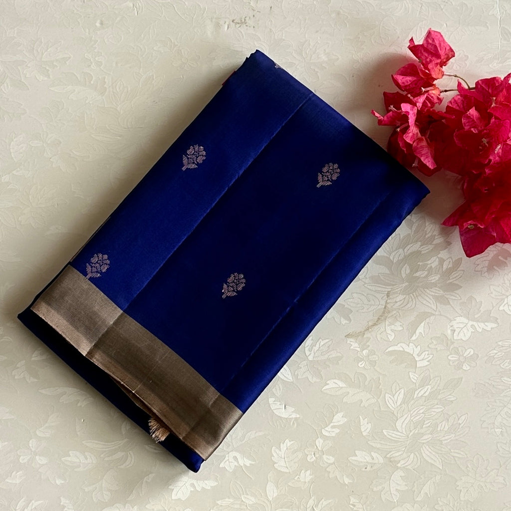 Royal Blue Designer Pure Silk Saree With Antique Gold Pallu