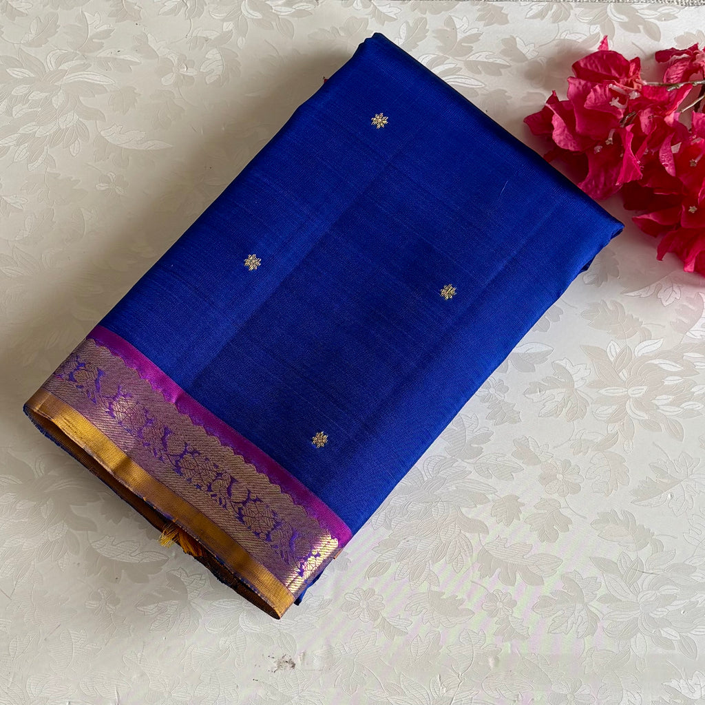 Royal Blue Kanjeevaram Pure Zari Silk Saree With Magenta Purple Pallu