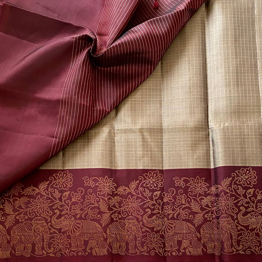 Ash Metallic Grey Designer Pure Silk With Antique maroon Zari Border