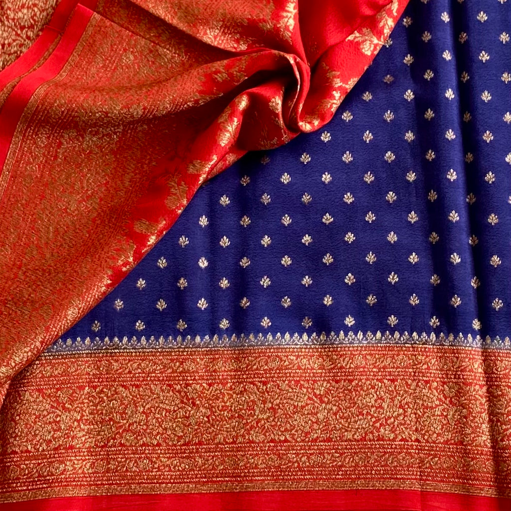 Denim Blue Banarasi Crepe Silk Saree With Rust Red Border And Pallu