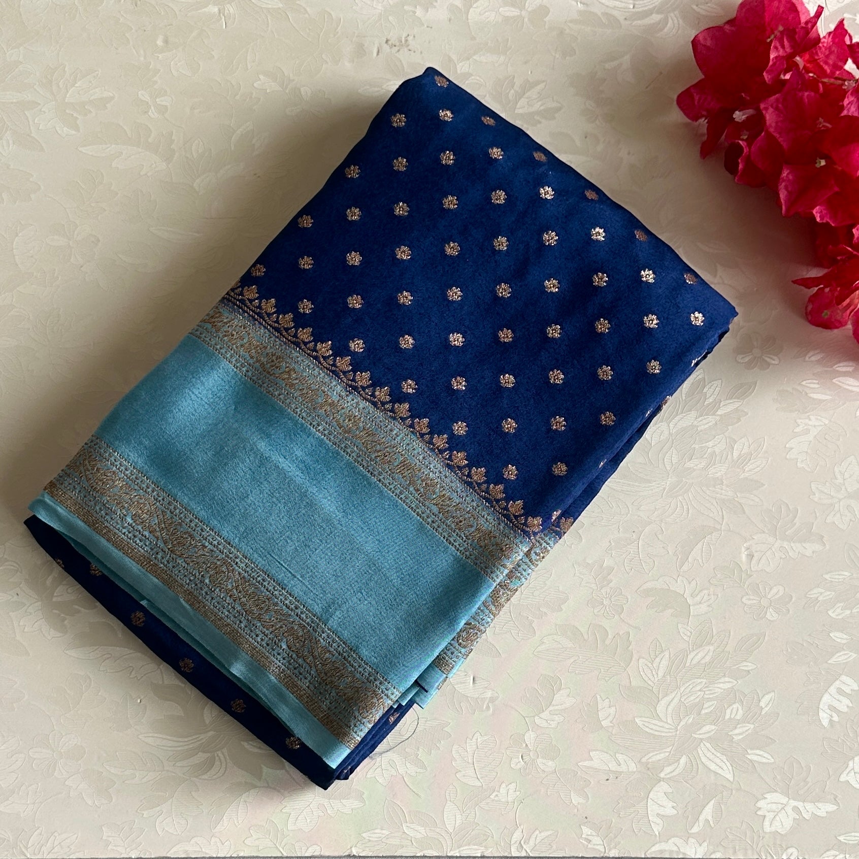 Royal Blue Banarasi Crepe Silk Saree With Sky Blue Pallu
