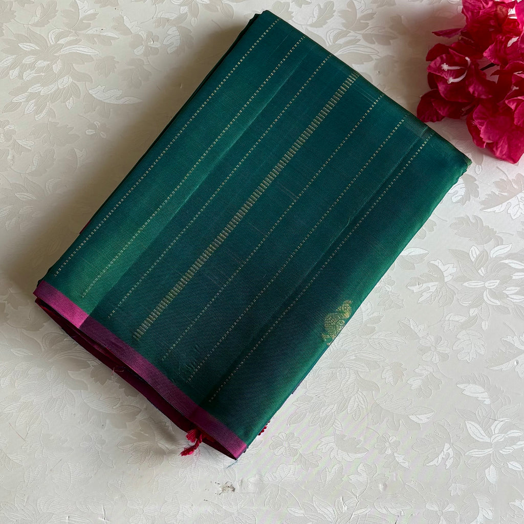 Peacock Green Designer Pure Silk Saree With Rani Pink Pallu