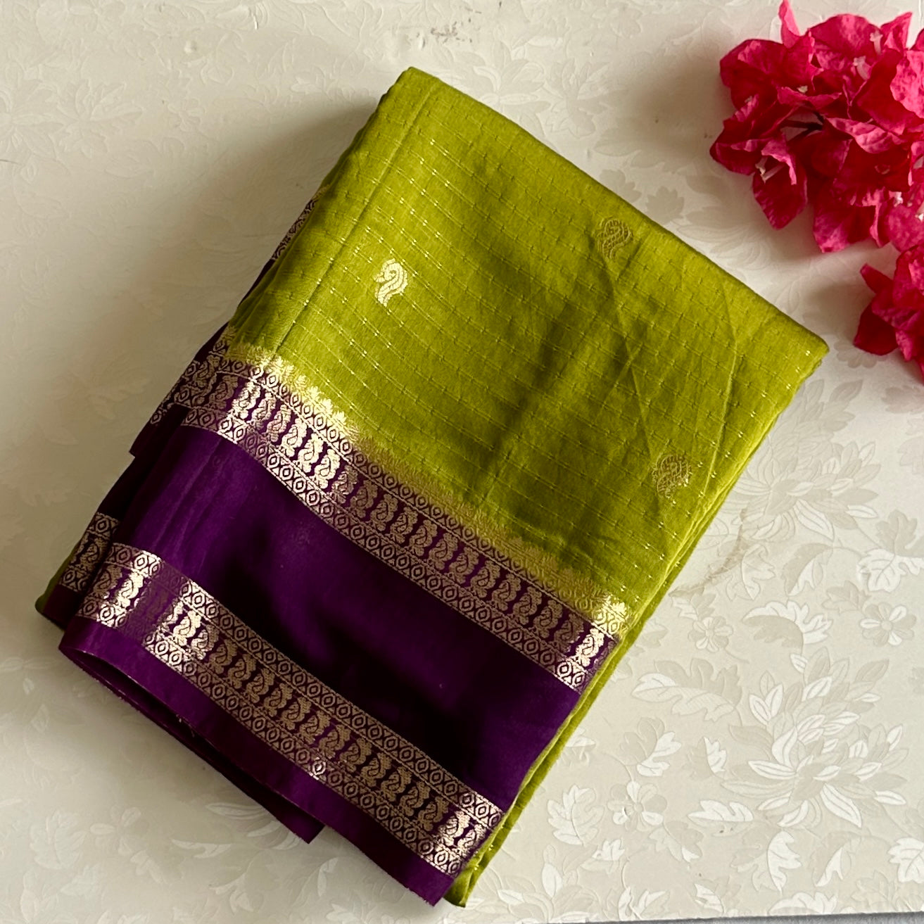 Chartreuse Green Soft Tussar Silk Saree With Royal Purple Pallu Gold Border