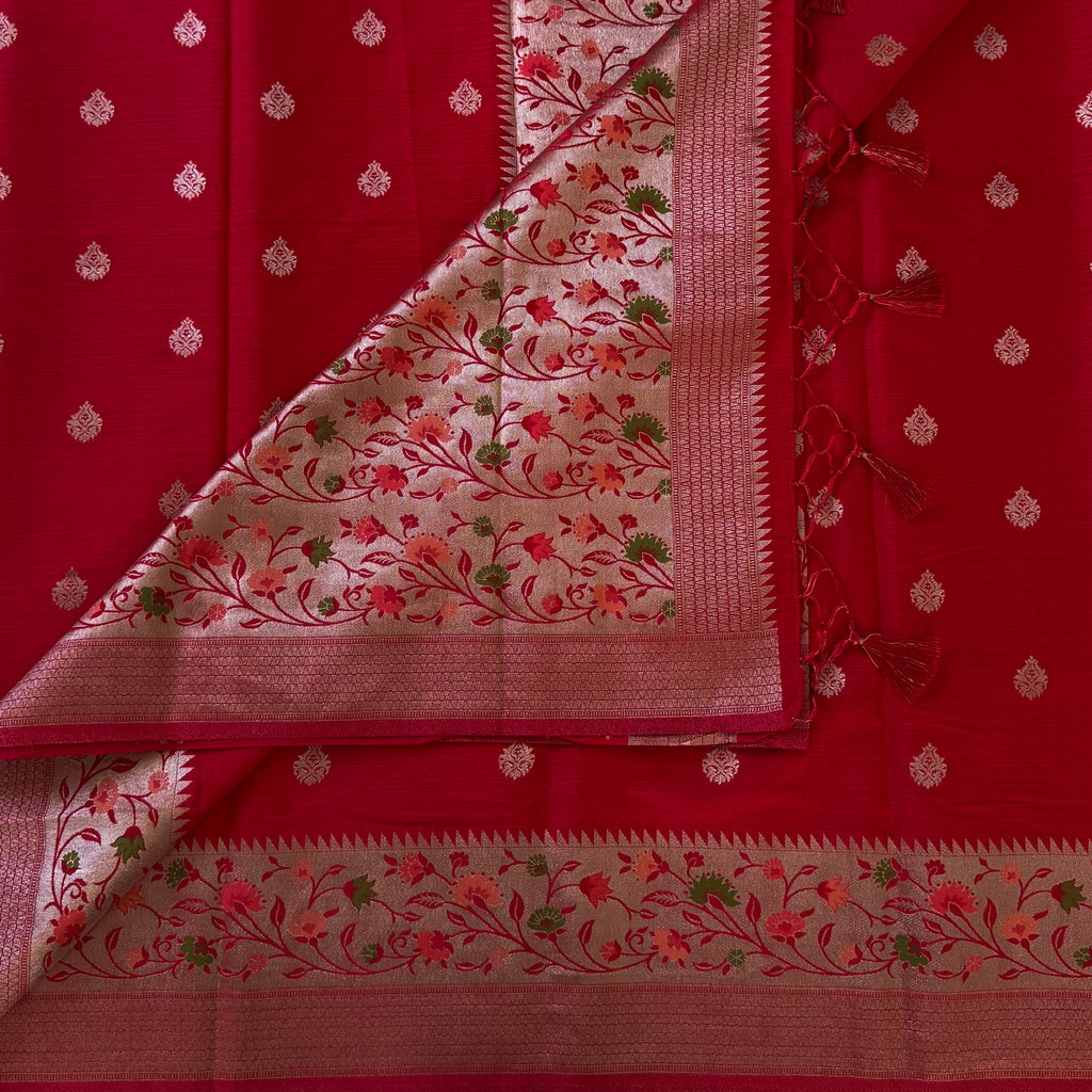 Fuchsia Brocade Silk Saree With Golden Floral Pallu And Tassels