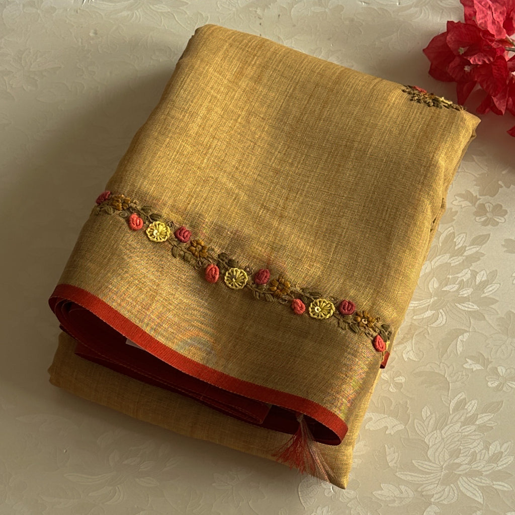 Traditional Mustard Gold Floral Embroidered Saree with Rust Striped Pallu