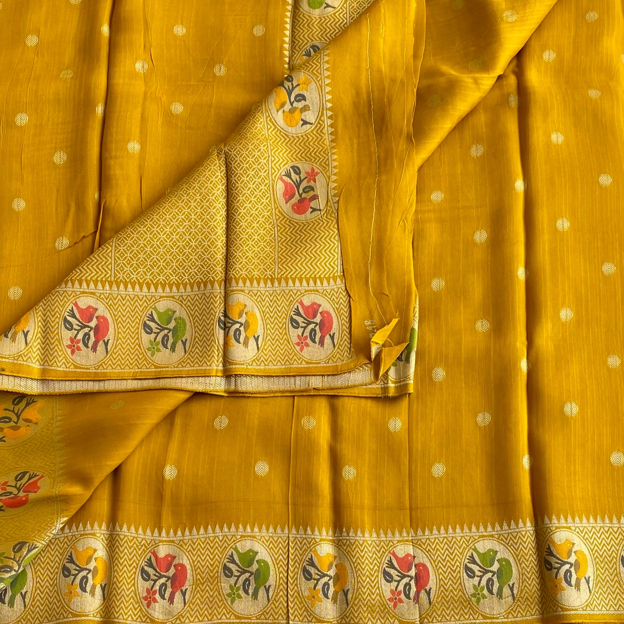 Mustard Yellow Soft Tussar Silk Saree With Olive Green Medallion Pallu