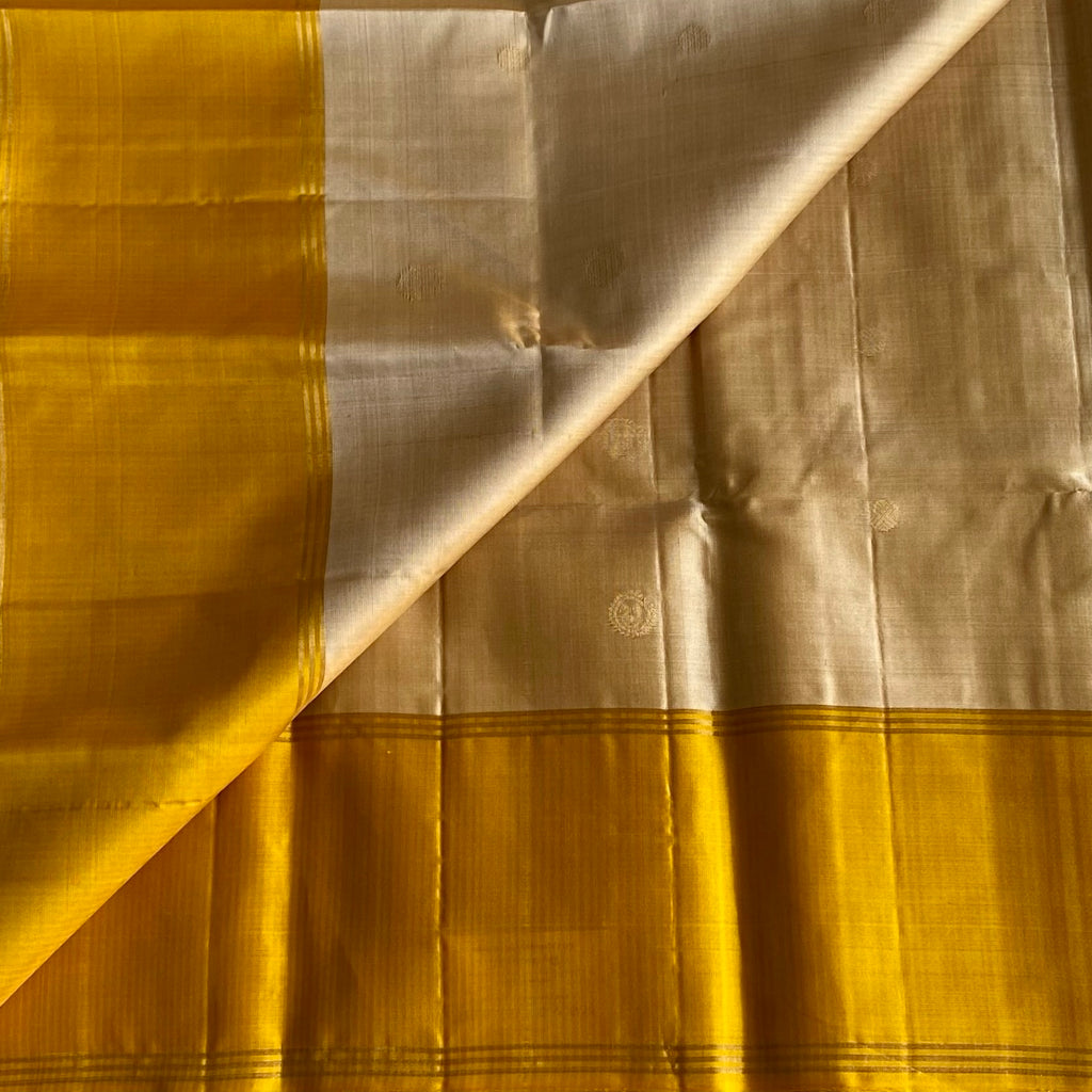 Champagne Beige Designer Pure Silk Saree With Mango Yellow Pallu