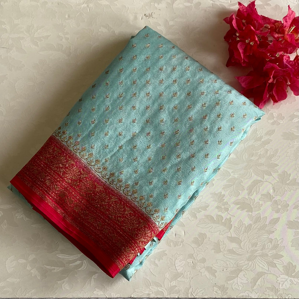 Seafoam Green Banarasi Crepe Silk Saree With Ruby Red Pallu