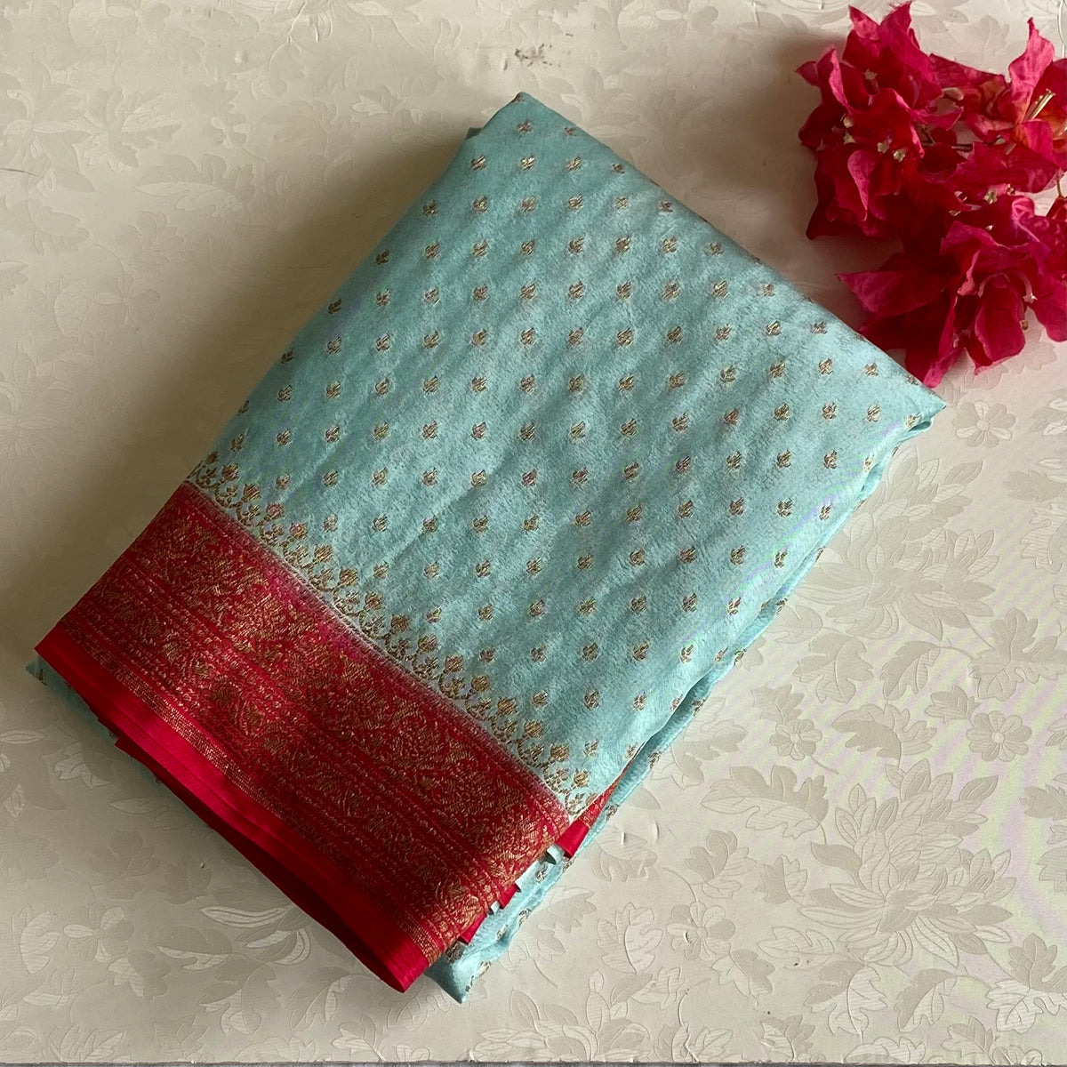 Seafoam Green Banarasi Crepe Silk Saree With Ruby Red Pallu