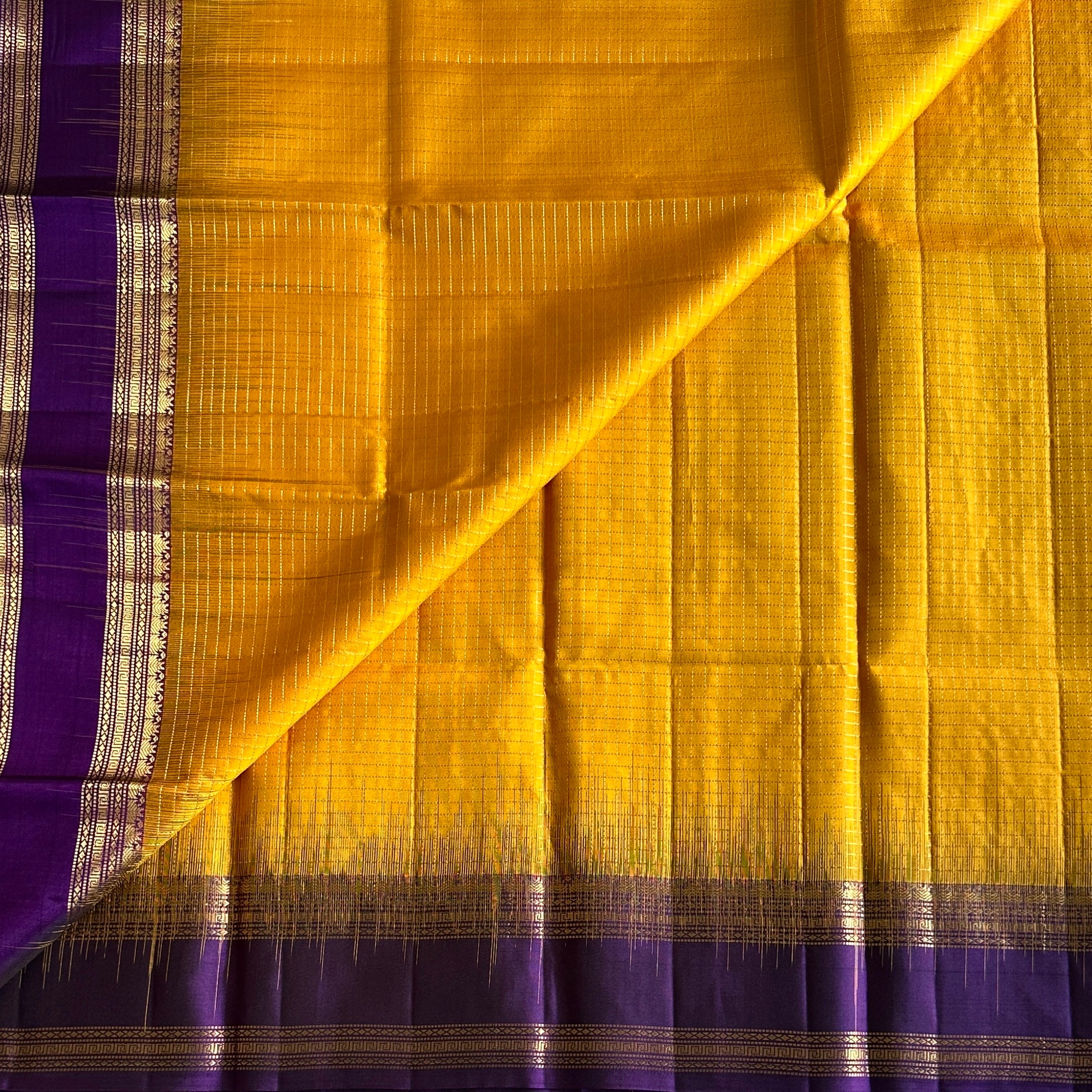 Deep Violet Silk Saree Marigold Yellow Gold Zari Paisley Border