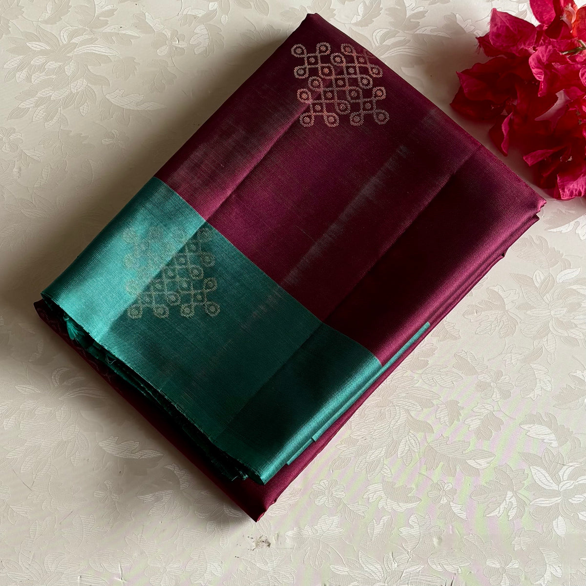Wine Maroon Kollam Designer Pure Silk Saree With Teal Zari Pallu