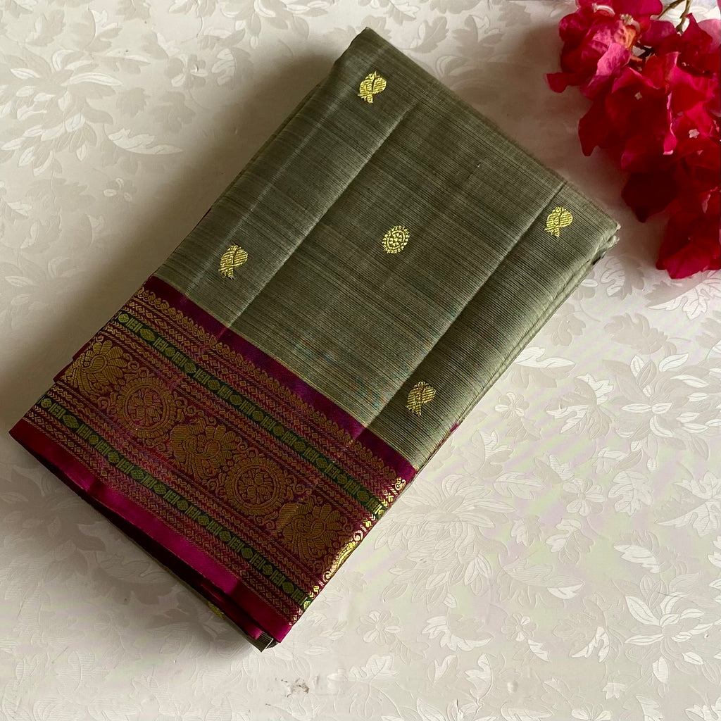 Sage Greyish Kanjeevaram Pure Zari Silk Saree With Deep Magenta Pallu
