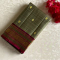 Sage Greyish Kanjeevaram Pure Zari Silk Saree With Deep Magenta Pallu