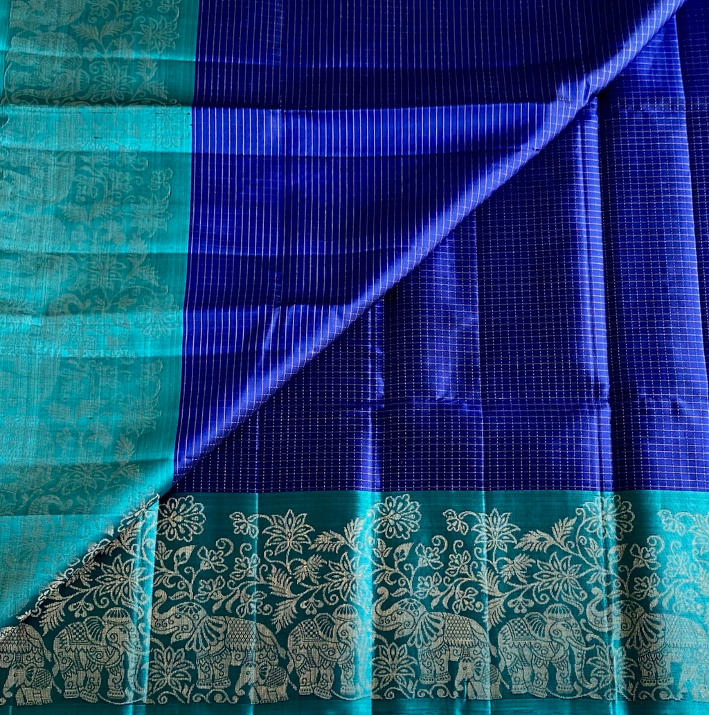 Teal Green Designer Pure Silk Saree With Royal Blue Panel