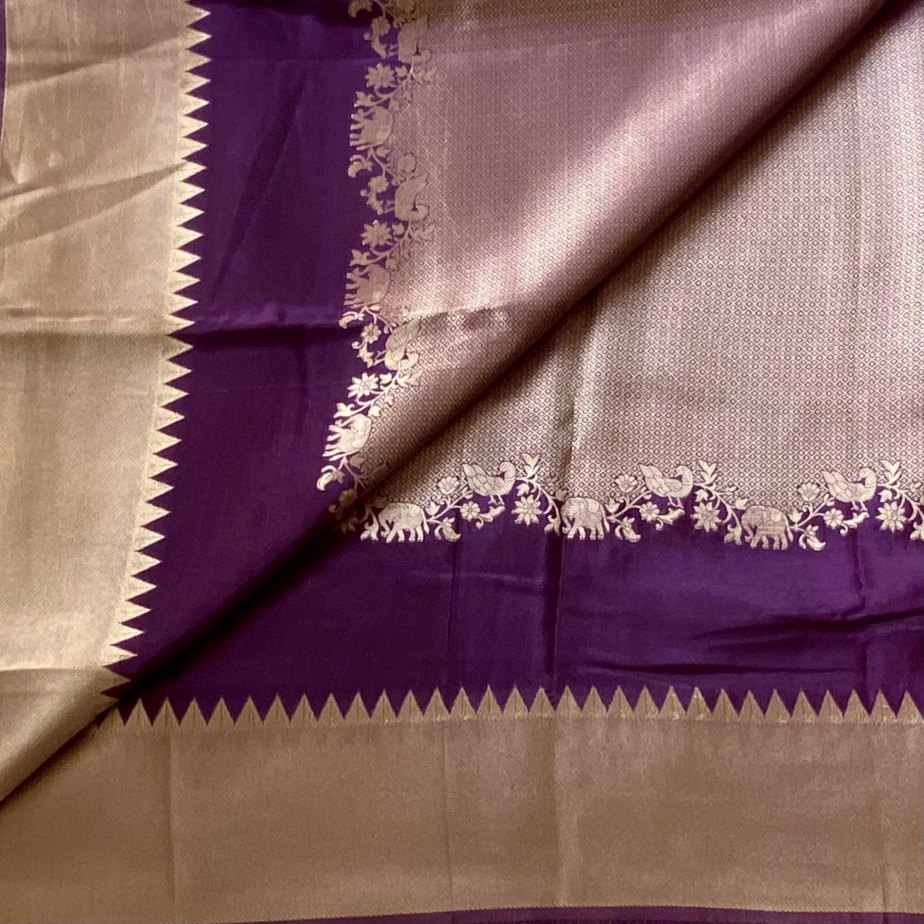 Designer Brocade soft crepe with antique gold n deep plum.