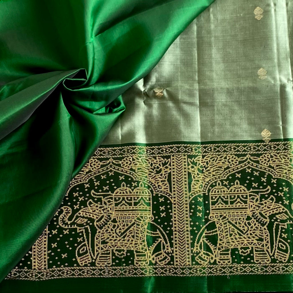 Metallic Sage Green Designer Pure Silk Saree With Emerald Green Pallu