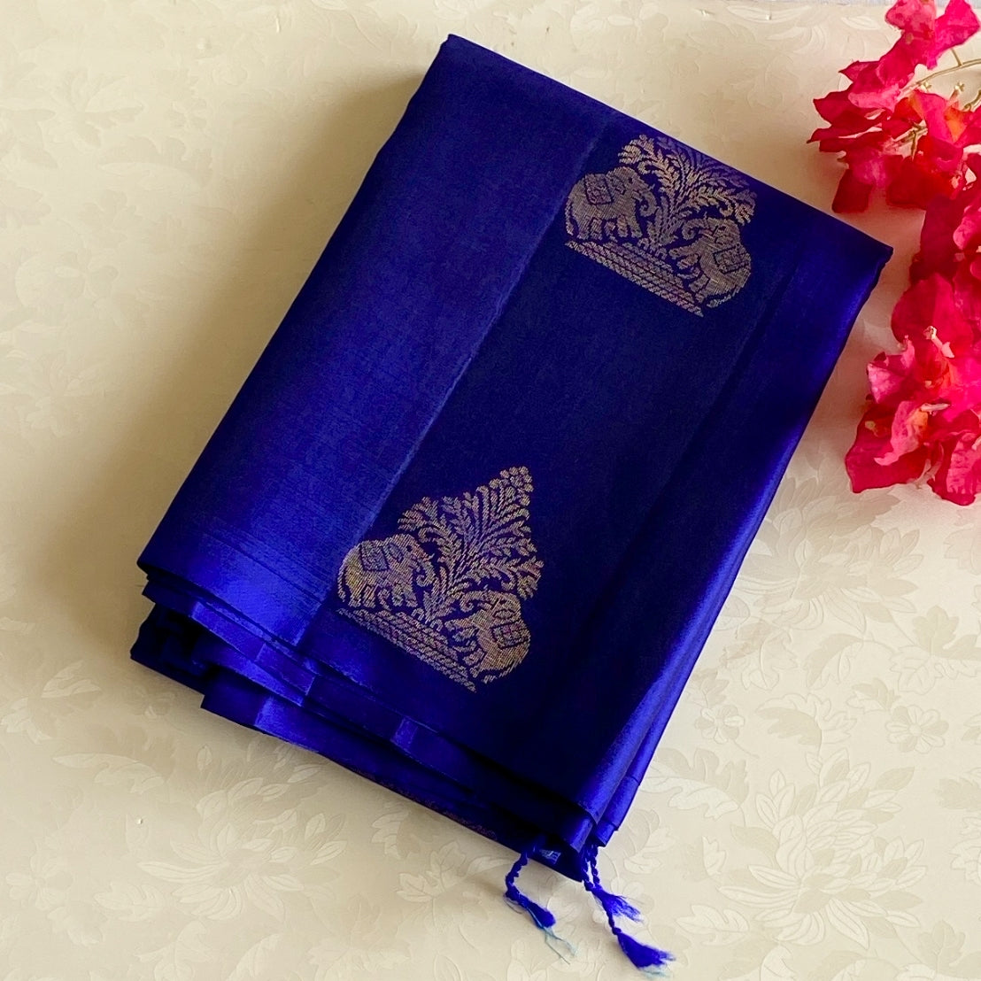 Cobalt Blue Saree Gold Woven Elephant Motif Traditional Festive Silk