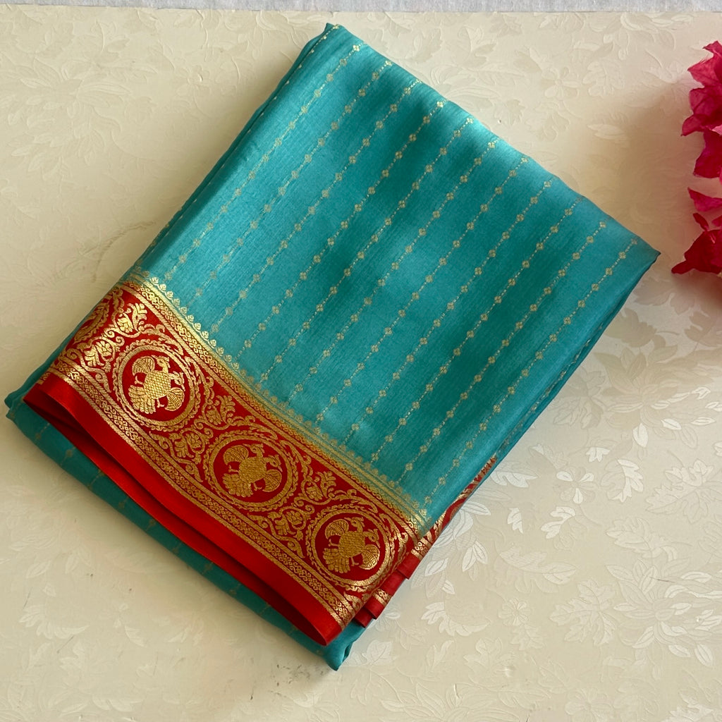 Teal Silk Saree Gold Zari Red Border Festive Traditional Wear