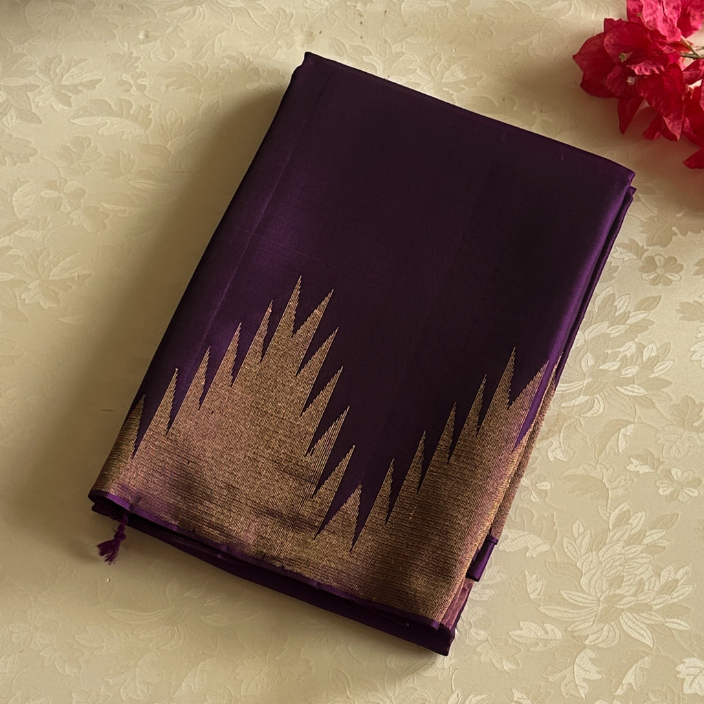 Deep Violet Silk Saree With Antique Gold Zari Border Pallu