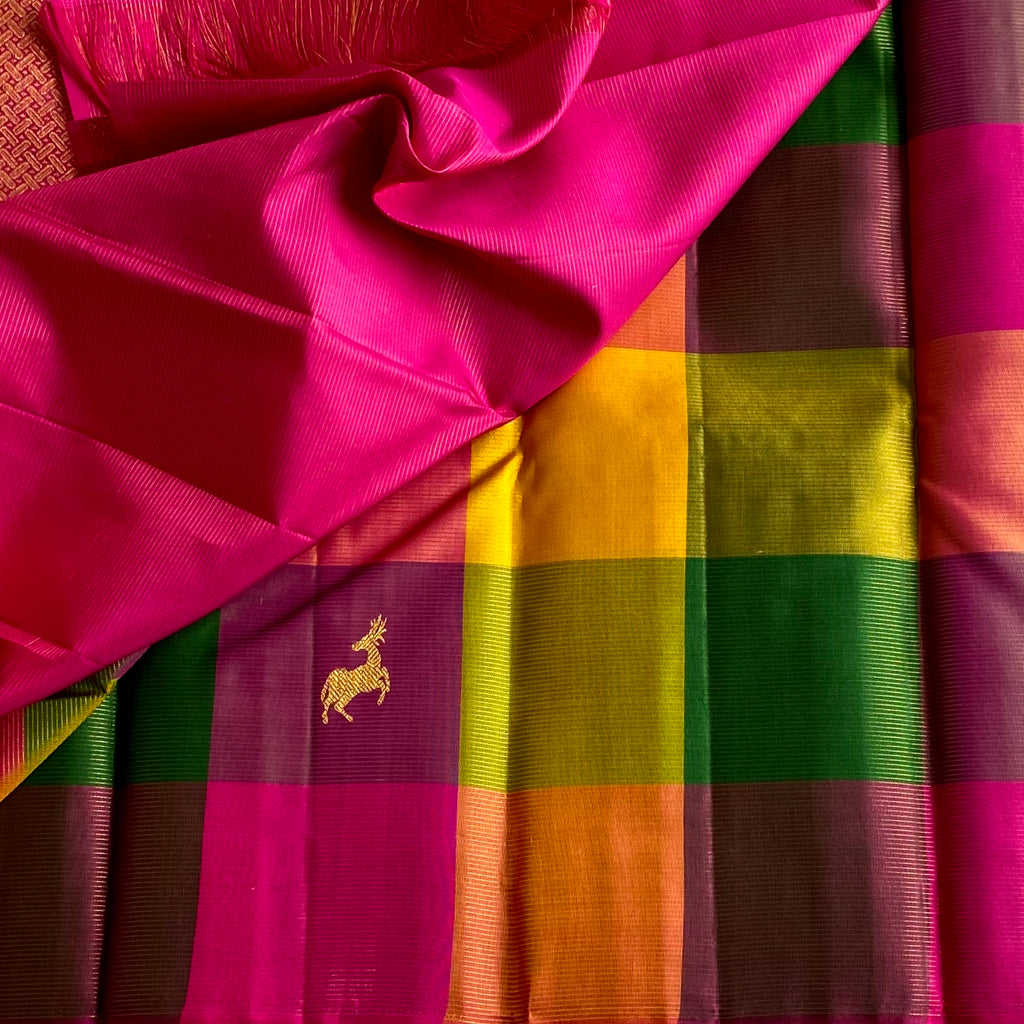 Designer Multi-Checkered Kanjeevaram Pure Zari Silk Rani Pink Intricate Pallu
