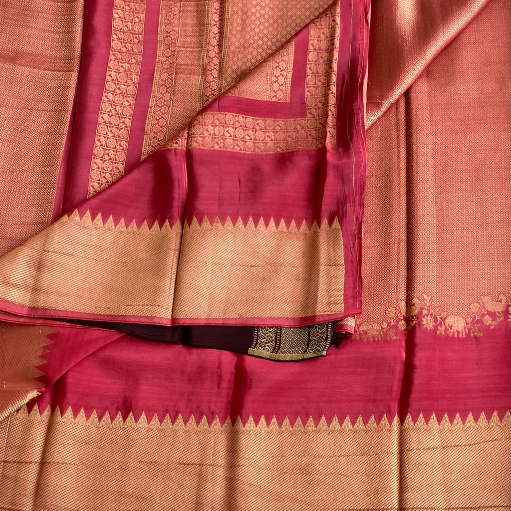 Rani Pink Soft Tussar Silk Saree With Antique Gold Zari Border
