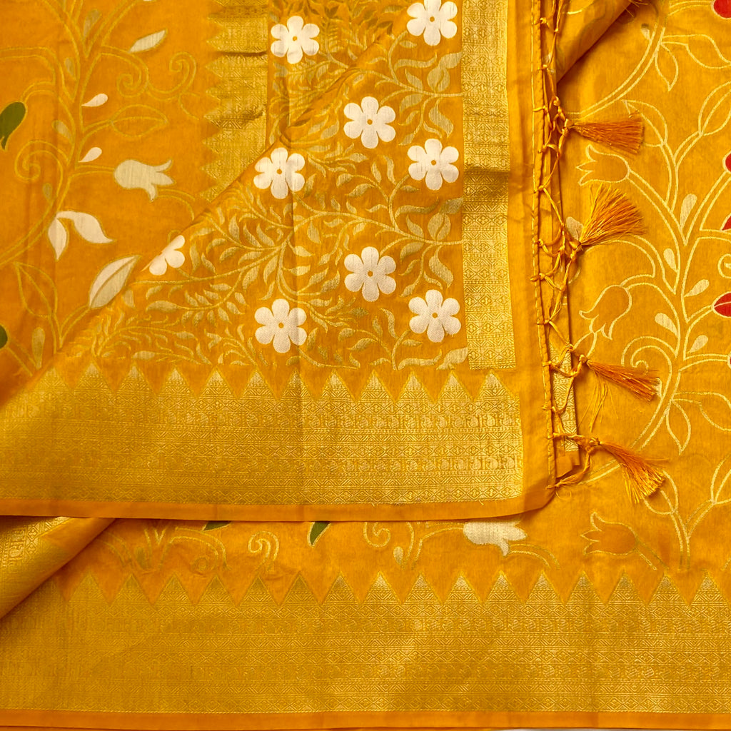 Mustard Yellow Silk Saree Gold Zari Floral Tassel Pallu Traditional
