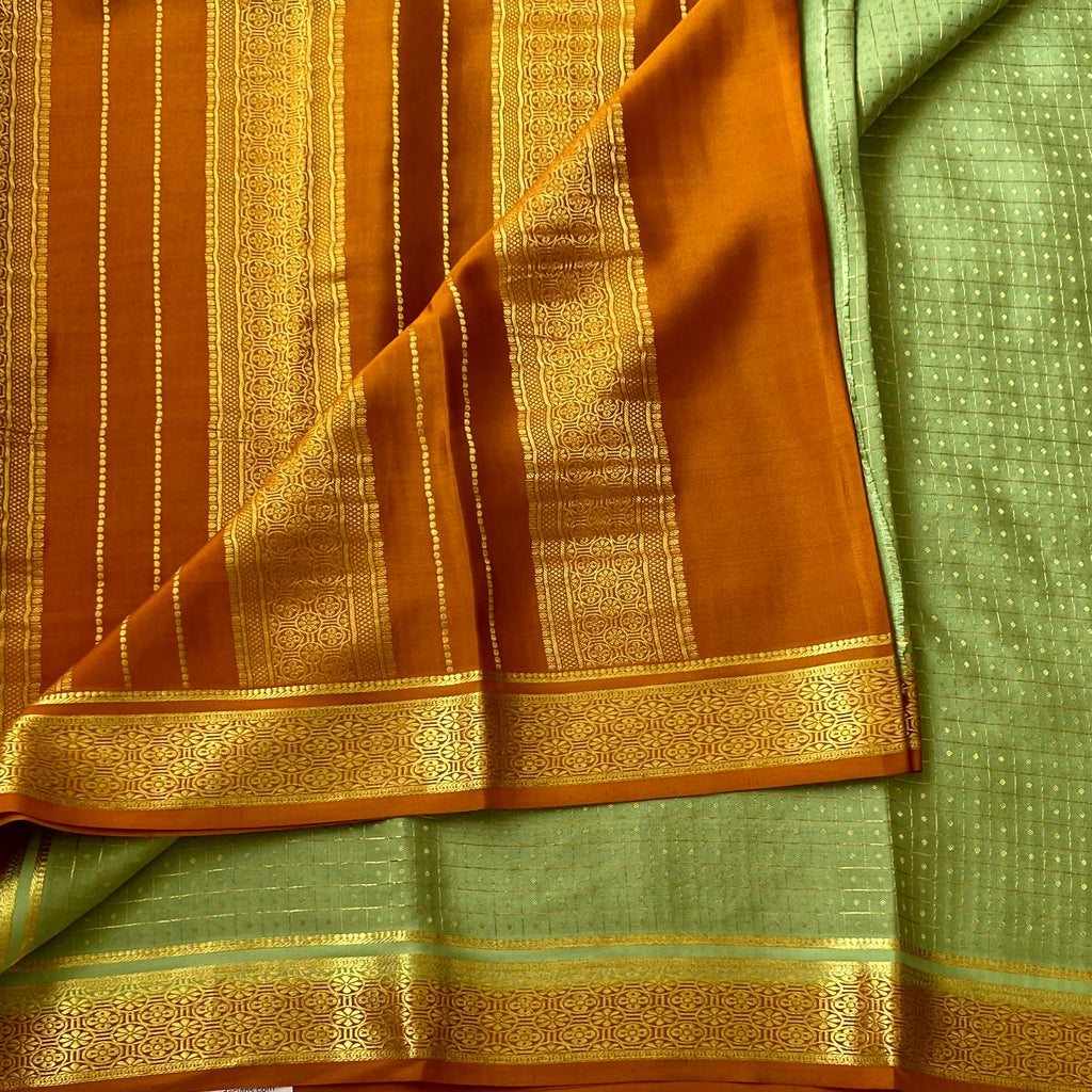 Pistachio Green Saree Gold Dot Grid Amber Orange Border Festive