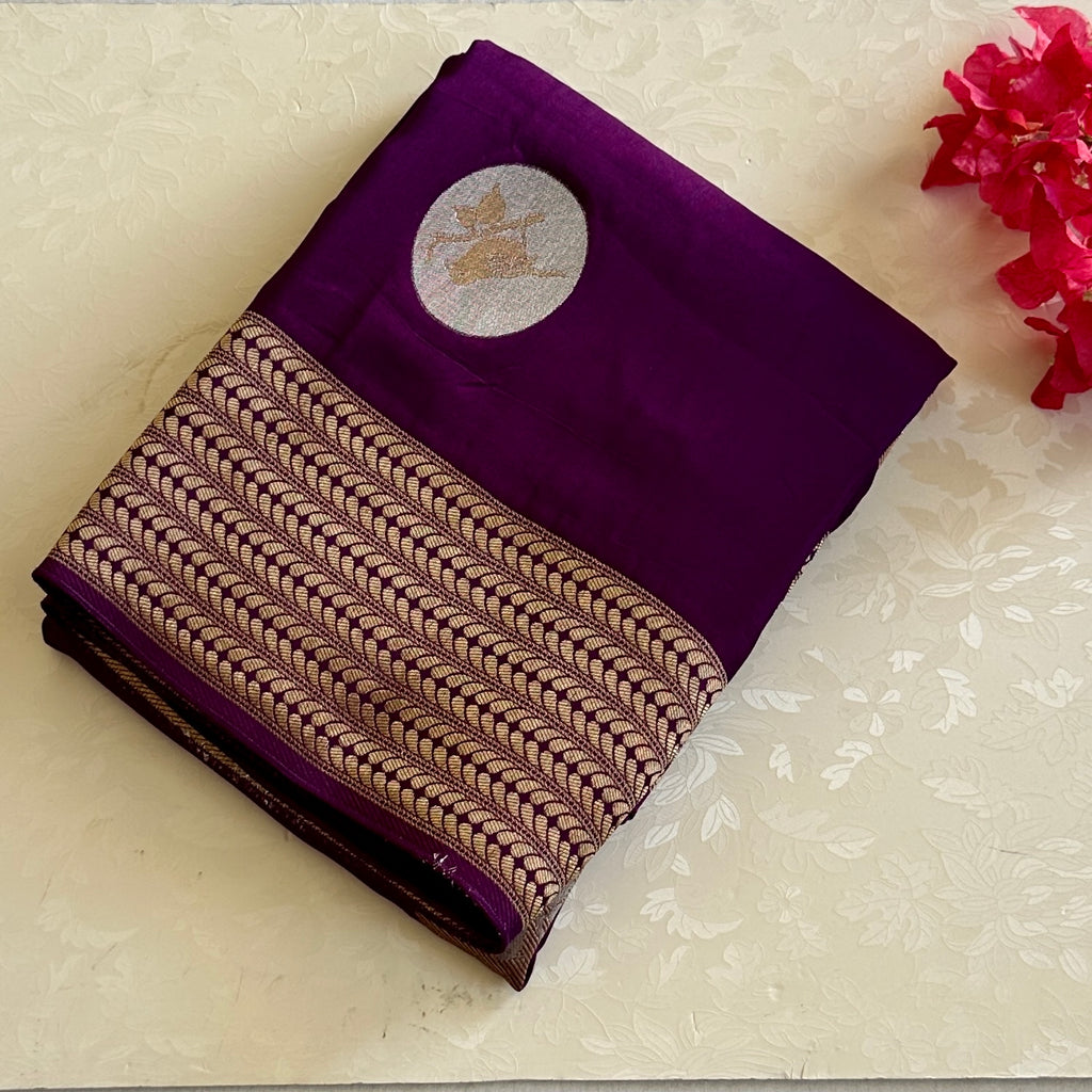 Royal Purple Silk Saree Antique Gold Bird Medallion Zari Border