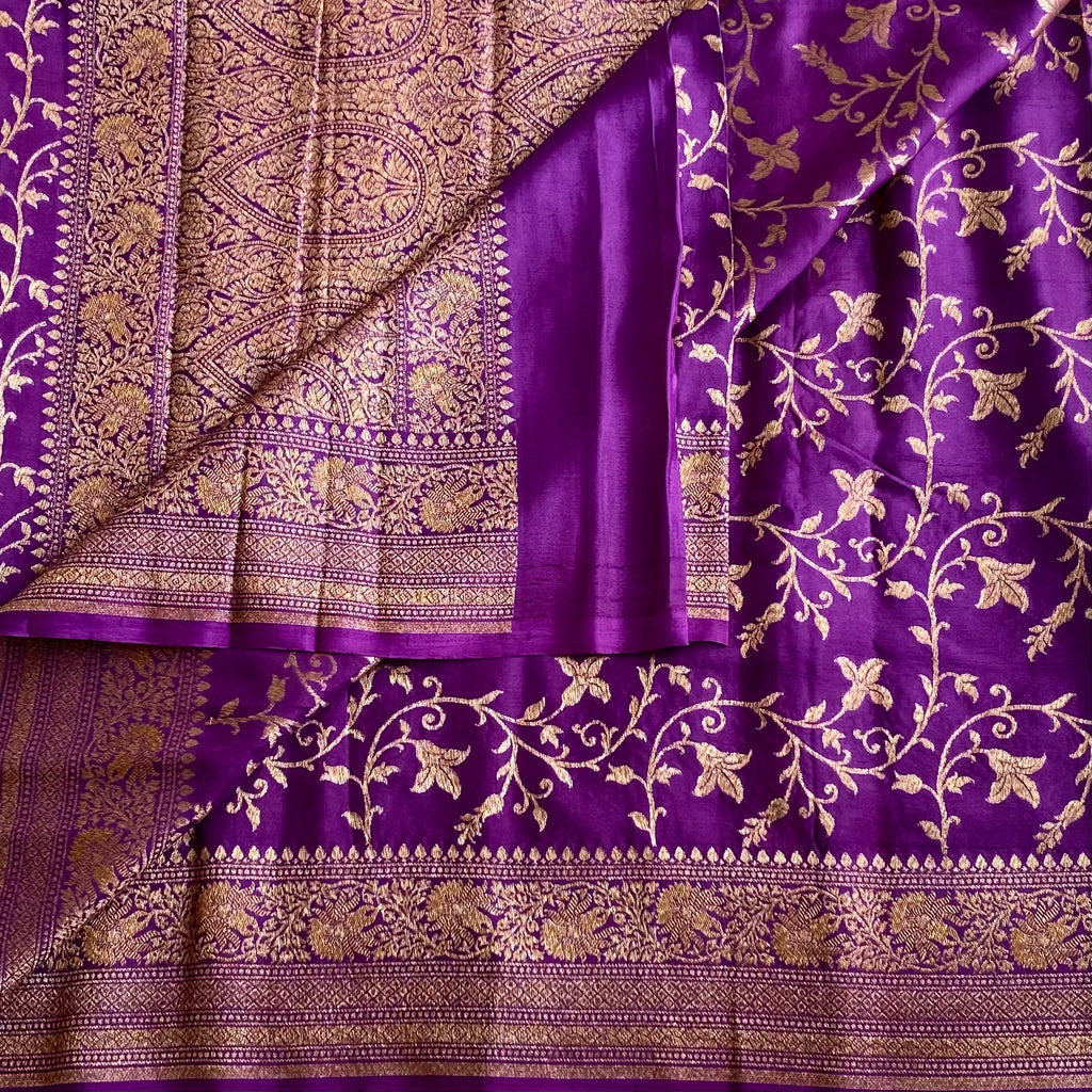 Royal Purple Banarasi Crepe Silk Saree With Antique Gold Zari