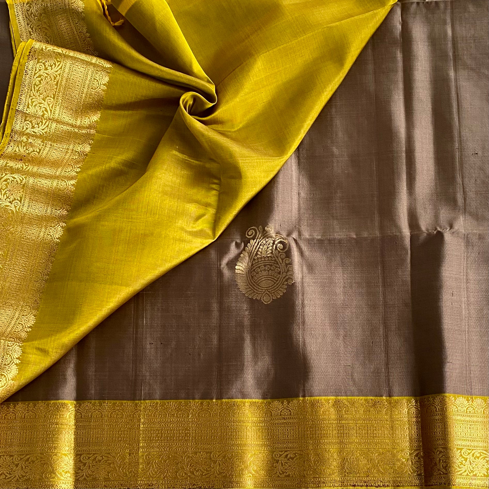Greyish Beige Designer Pure Silk Saree With Mustard Yellow Pallu