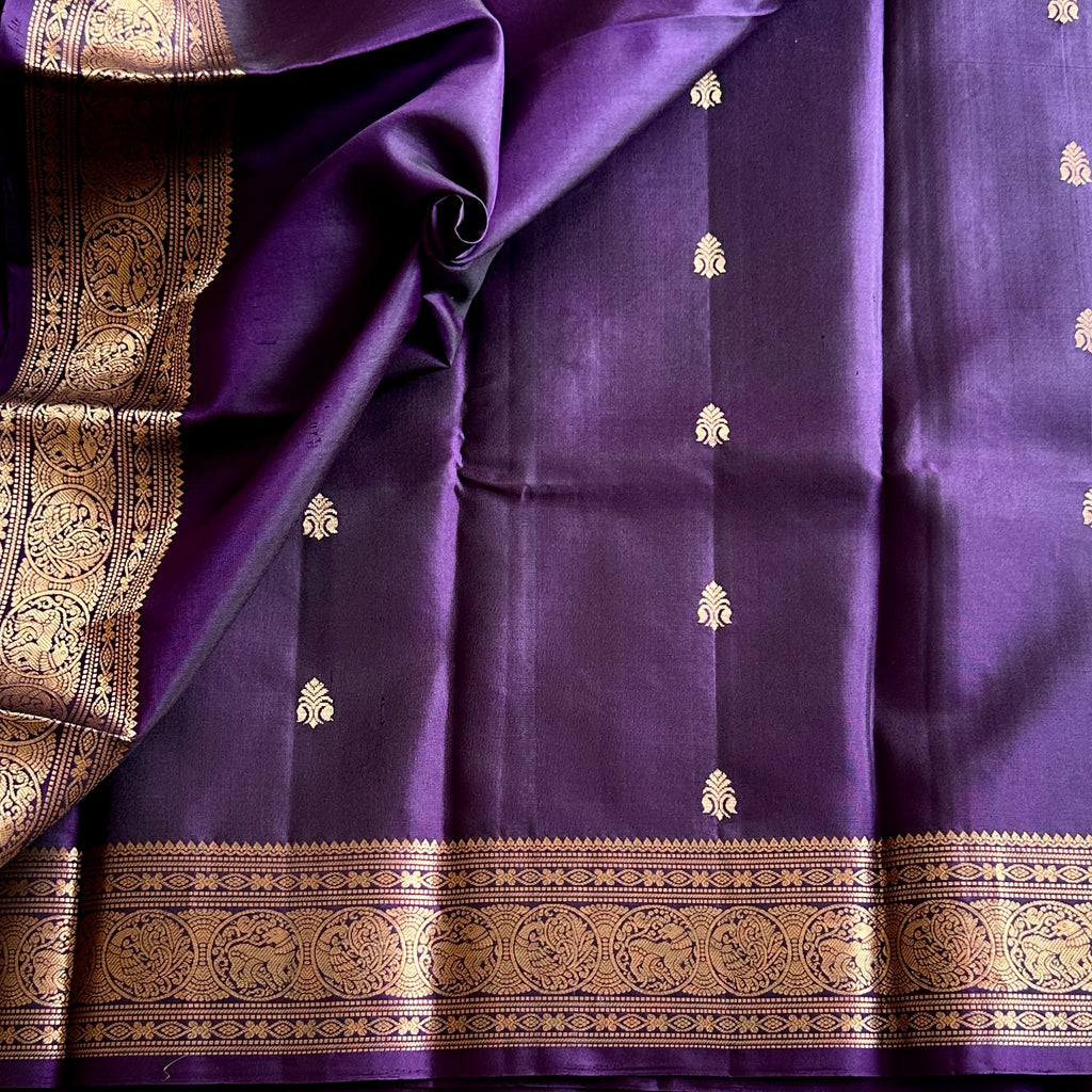 Royal Purple Saree With Gold Paisley Brocade And Medallion Border