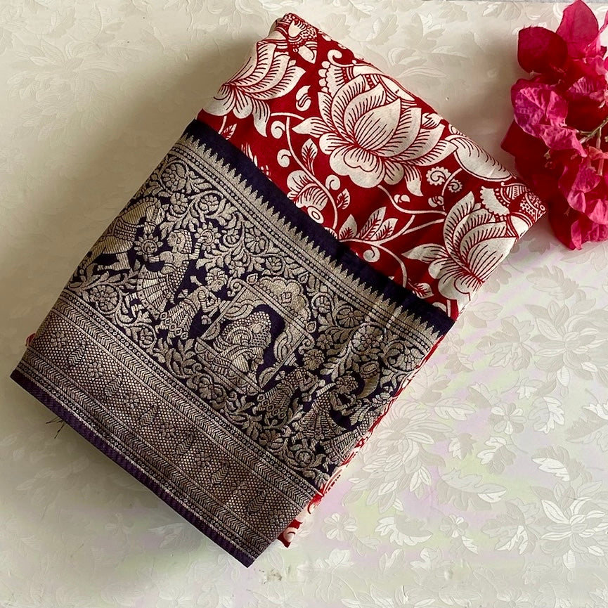 Scarlet Red  Soft Tussar Silk With midnight Blue borders