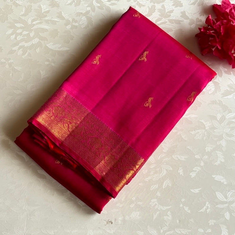 Cherry Pink Kanjeevaram Pure Zari Silk Saree With Zari Gold Border