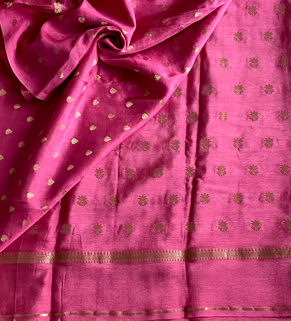Fuchsia Gold Buti Saree with Striped Pallu and Woven Border