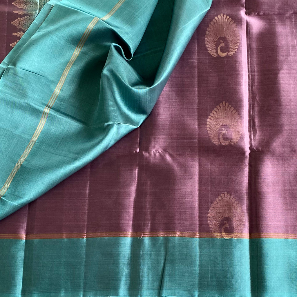 Teal Green Designer Pure Silk Saree With Plum Purple Pallu