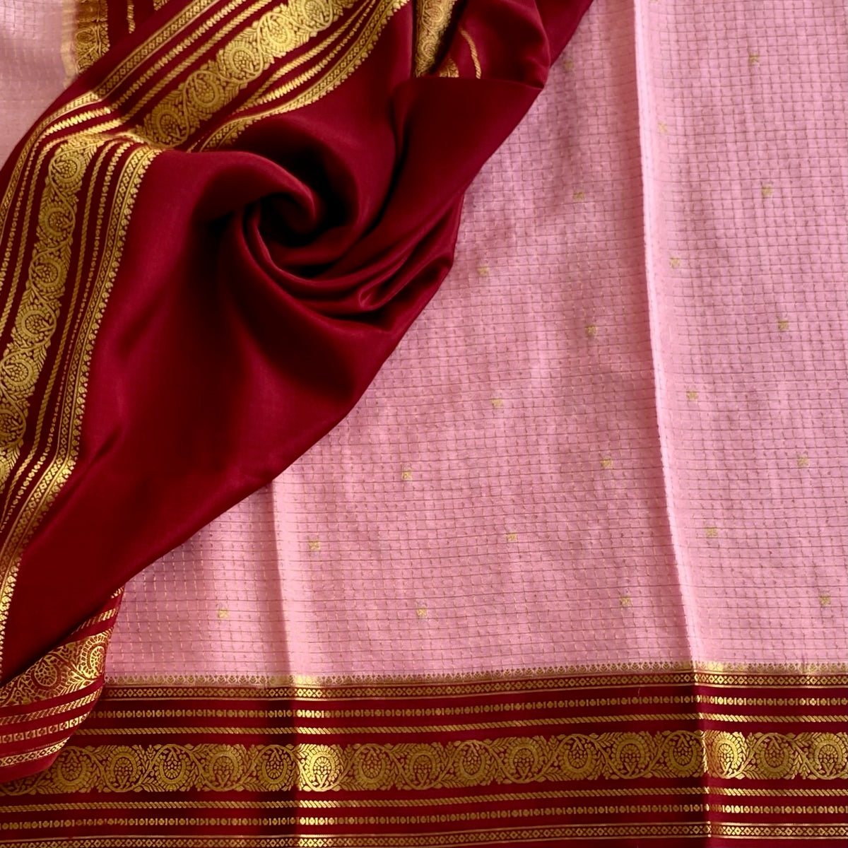 Blush Pink And Deep Maroon Mysore Crepe Silk Saree With Zari
