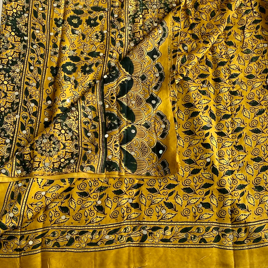 Dreamy Mustard Hand mirror. Work Ajrakh Handblock Printed Silk Saree For Festive
