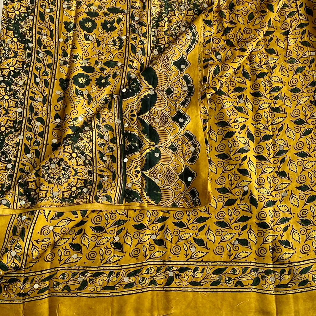 Dreamy Mustard Hand mirror. Work Ajrakh Handblock Printed Silk Saree For Festive