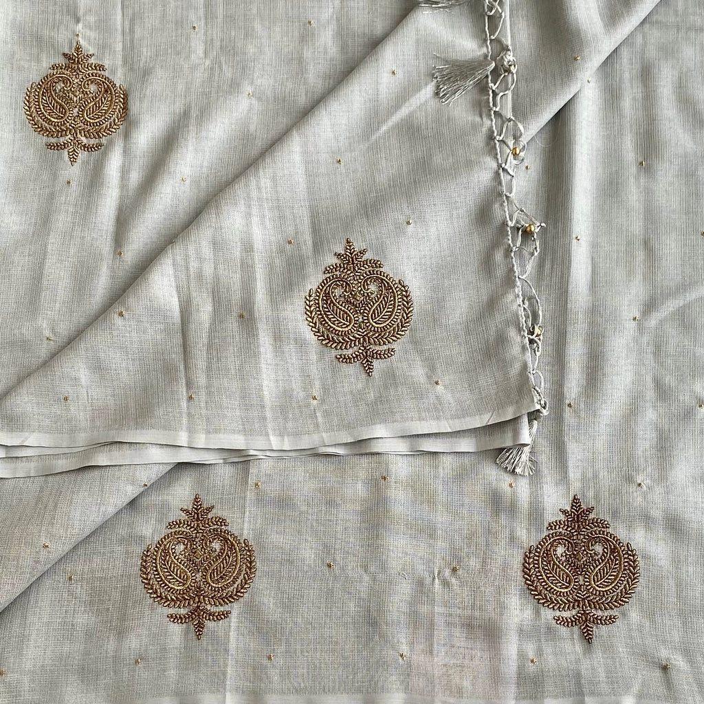 Soft Tinted grey jute Tussar Saree With Antique Black Gold Embroidery Blouse