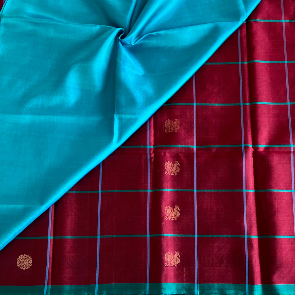 Wine Maroon Designer Pure Silk Saree Peacock Teal Contrast Pallu Zari Border