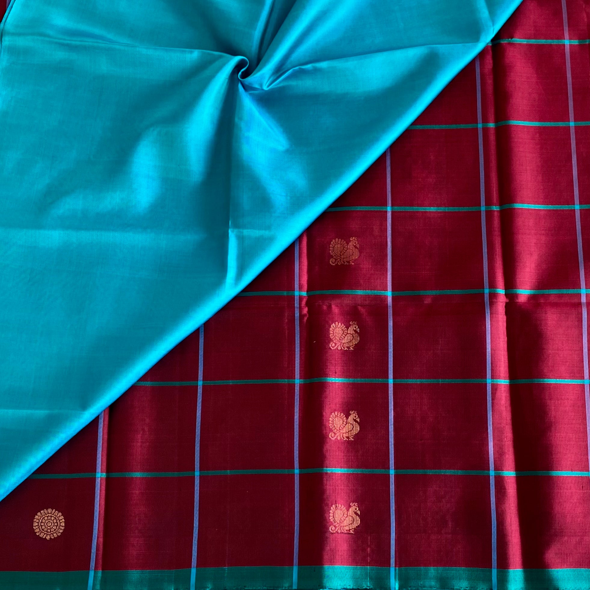 Wine Maroon Designer Pure Silk Saree Peacock Teal Contrast Pallu Zari Border