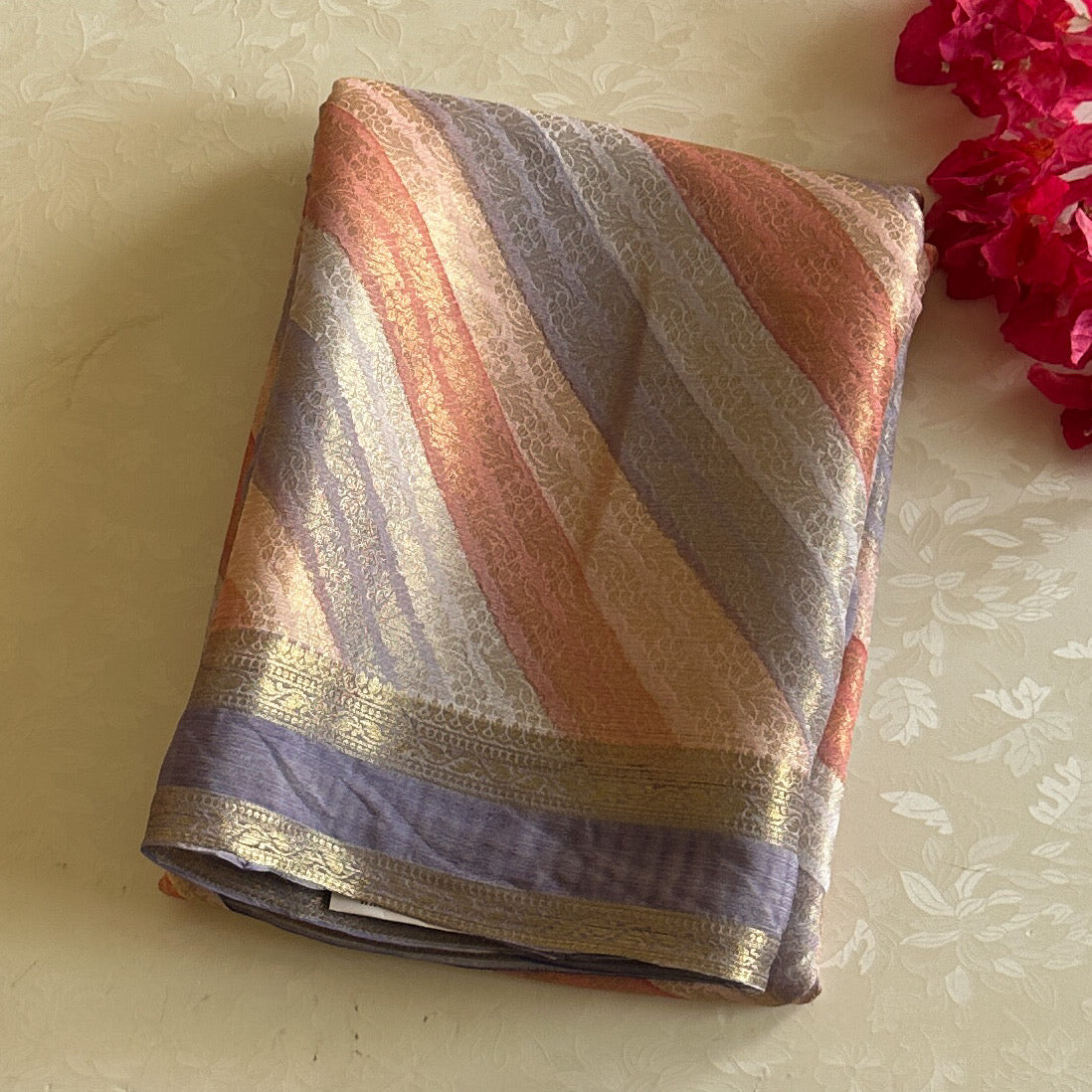 Elegant Coral Peach Lavender Striped Saree With Gold Zari Panel