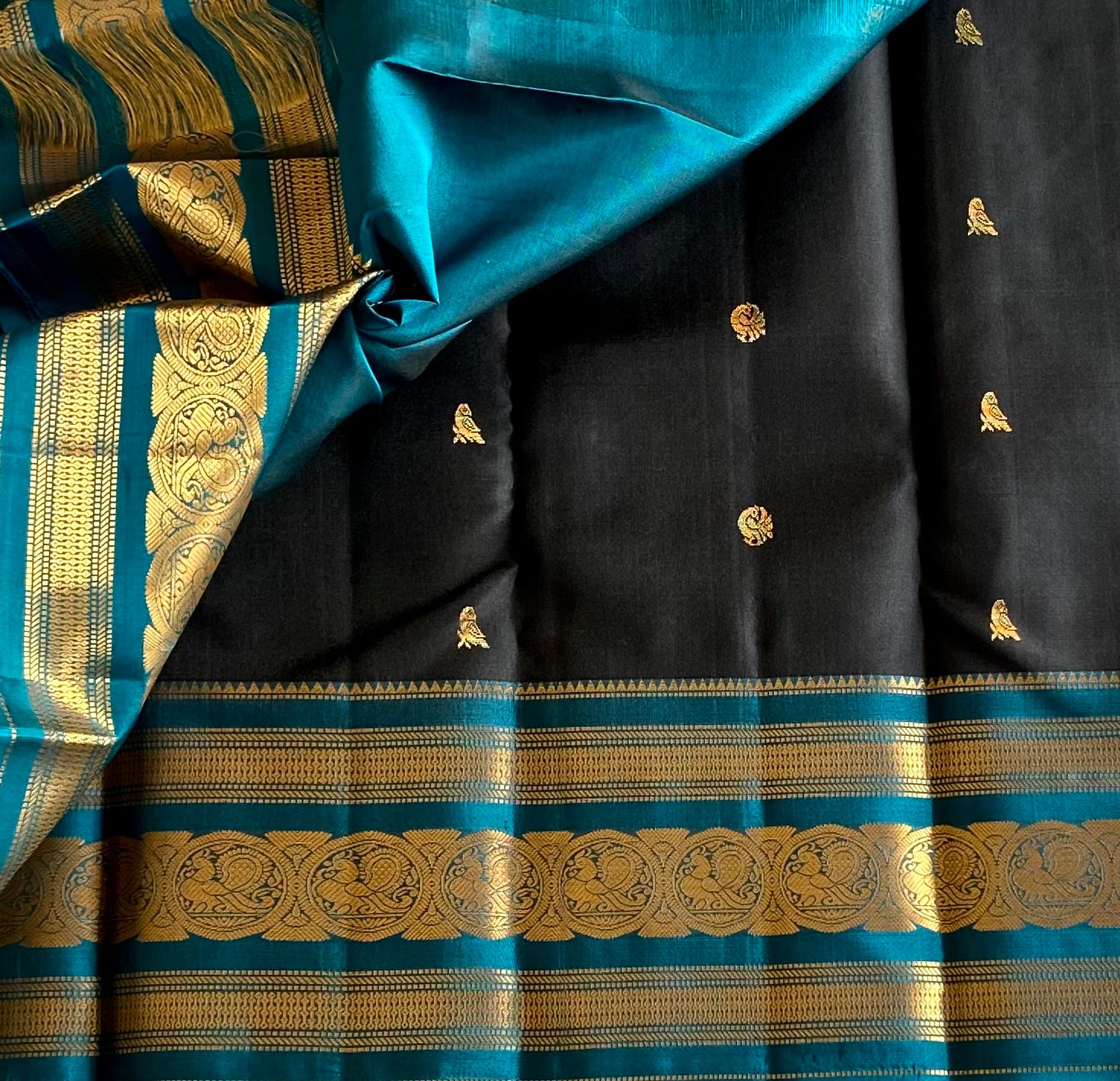 Elegant Charcoal Teal Silk Saree With Gold Woven Medallion Border