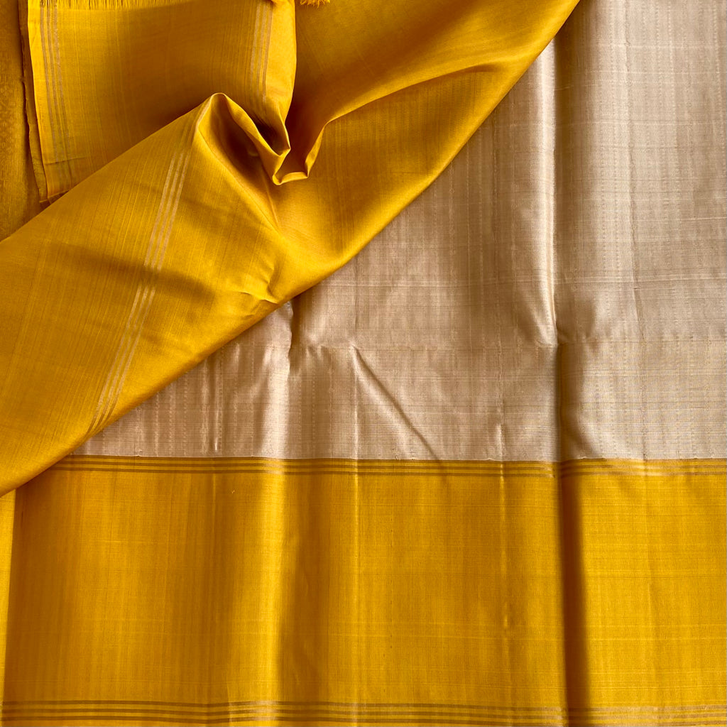 Champagne Beige &  Mustard Yellow Designer Pure Silk Saree