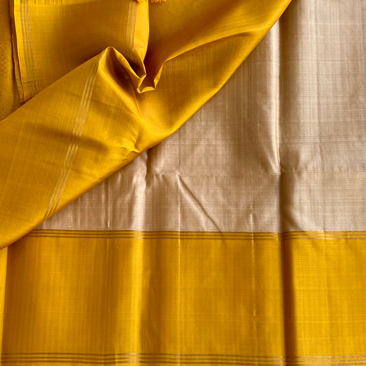 Champagne Beige &  Mustard Yellow Designer Pure Silk Saree