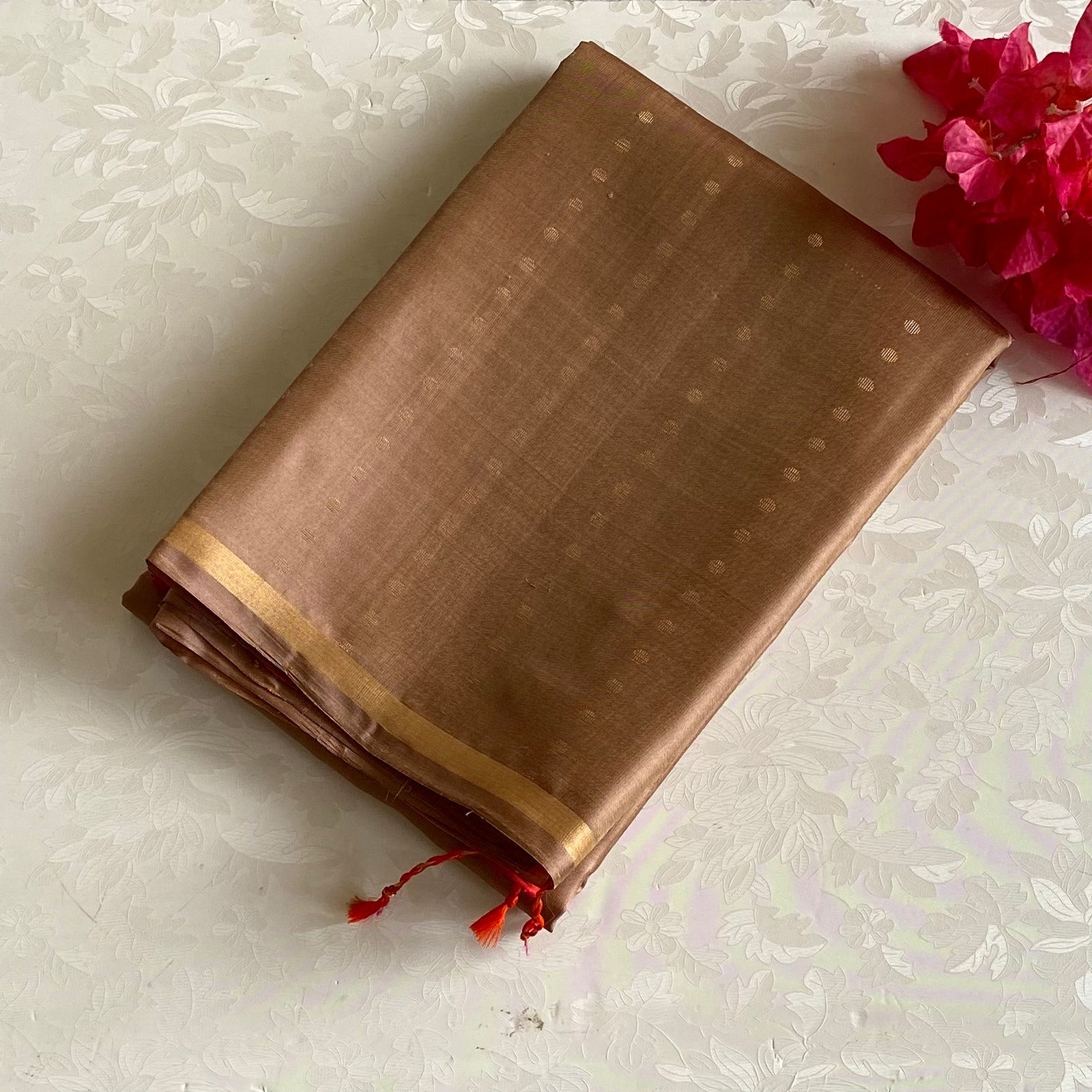 Bronze Brown Designer Pure Silk Saree With Vivid Red Pallu